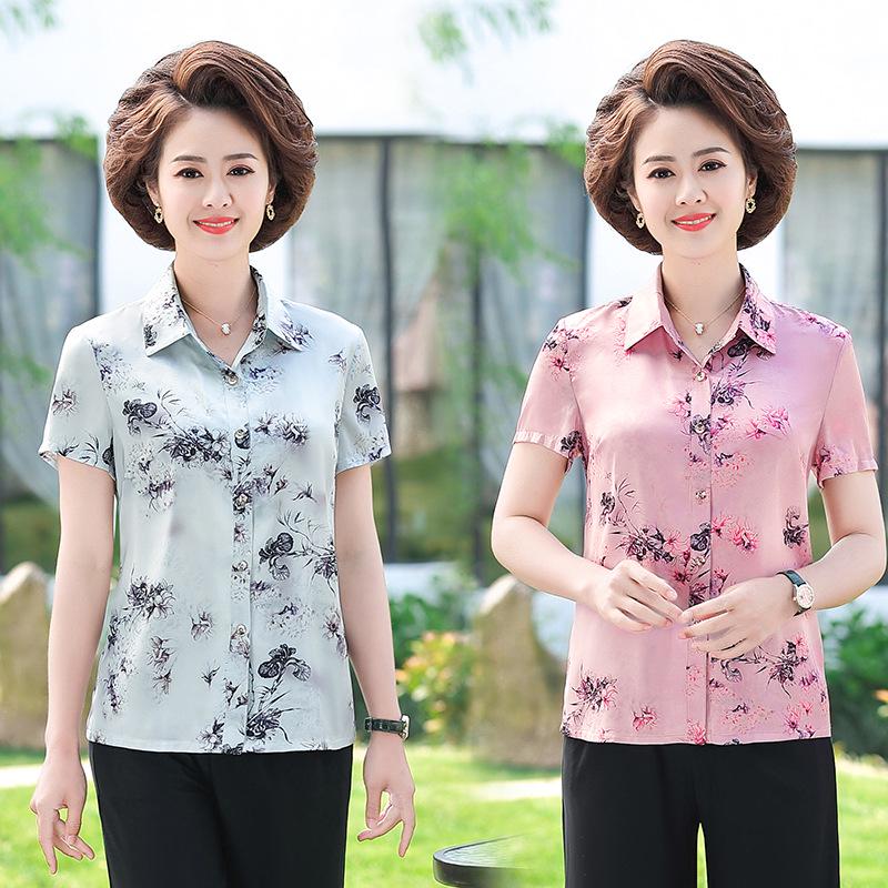 Silk Short-Sleeve Printed Lapel Shirt for Middle-Aged and Elderly Women - Stylish Summer Top