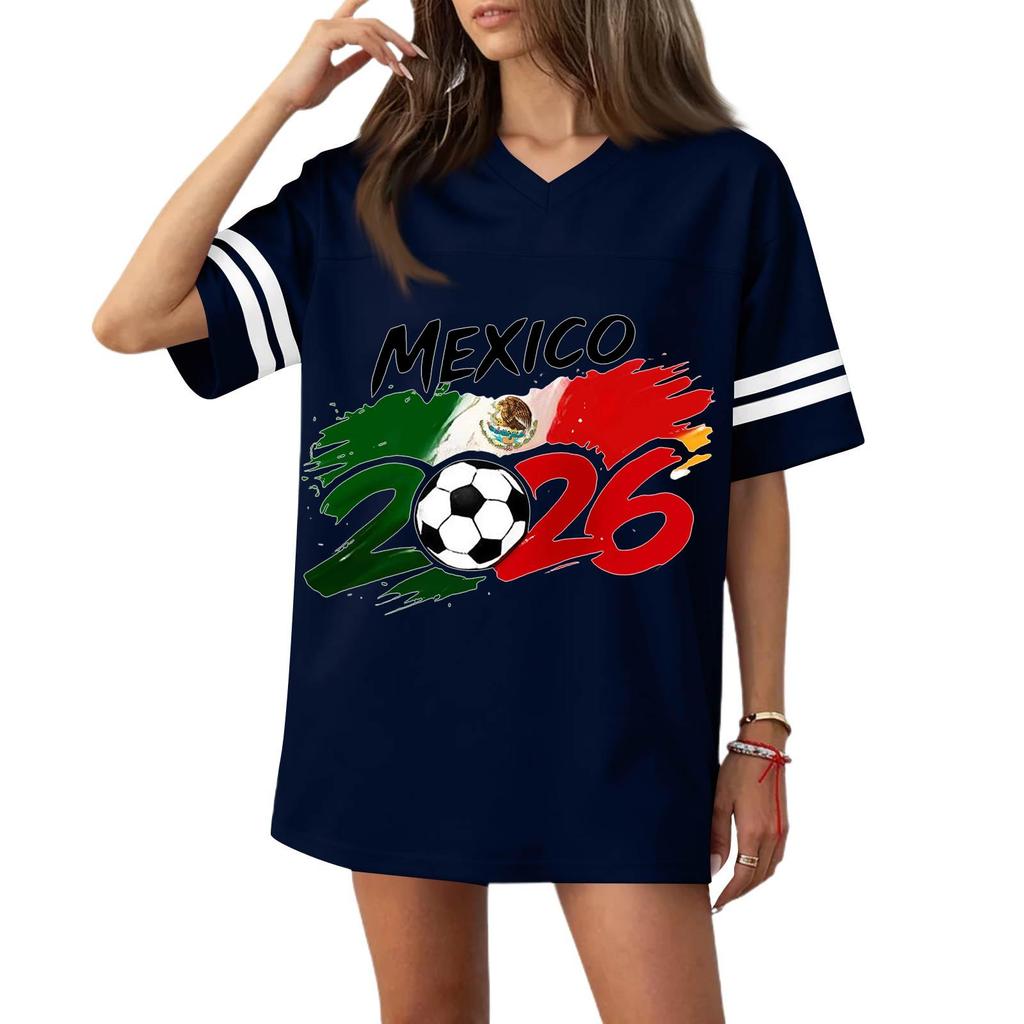 Women V Neck Short Sleeve Soccer Jersey Style Top with Football Flag Print Casual Loose Fit T Shirt for Sports and