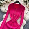 Autumn Winter Women Elegant Polo Collar Knitted Sweater Metal Button Long Maxi Split Pullover Dresses