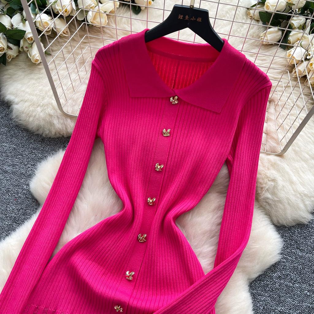 Autumn Winter Women Elegant Polo Collar Knitted Sweater Metal Button Long Maxi Split Pullover Dresses