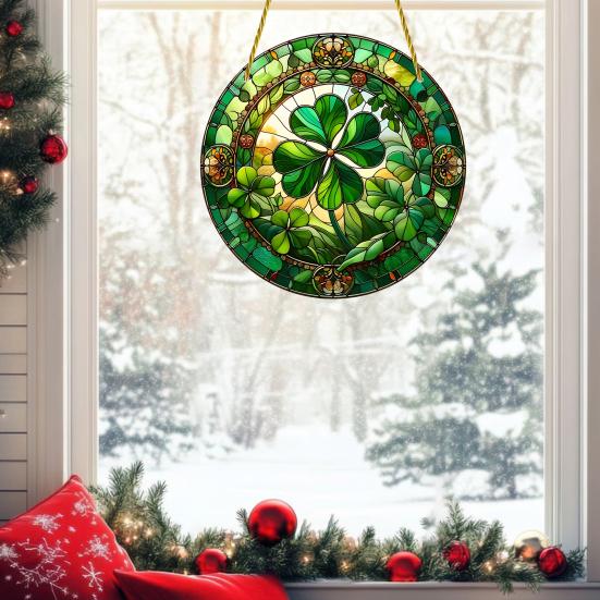 Yousheng St. Patrick's Day Acrylic Suncatcher, Green Four Leaf Clover Window Hanging Ornament, Stained Glass Style Irish Lucky Sun Catcher Decor for