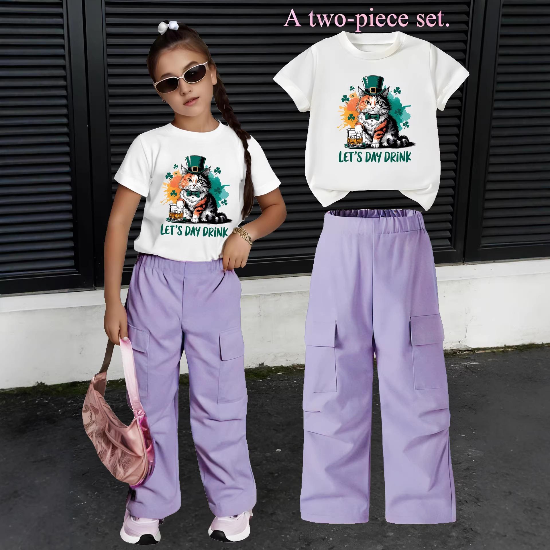 

Girls Casual Short-sleeved Work Pants Set with Summer Children s Cute Cat Print Two-piece Set 8Y