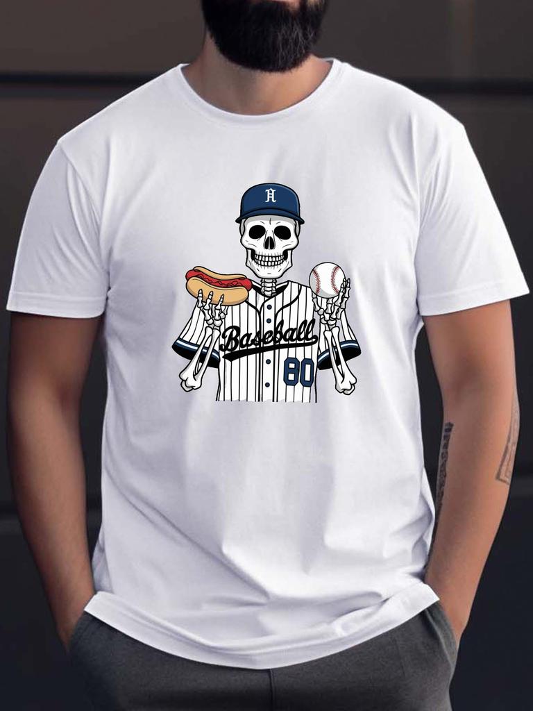Cool Baseball Skeleton Graphic T Shirt For Unisex Skull Athlete Crew Neck Tee Sport Ball Hot Dog Theme Casual Male Daily Outfit Top