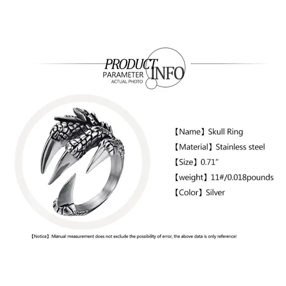 Dragon Claw Ring Stainless Steel Sharp Claw Punk Jewelry Open Ring for Men Women Animal Hand Accessories