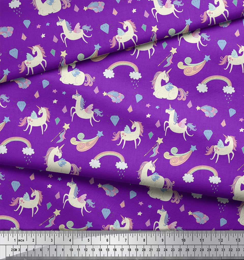 Soimoi Blue Japan Crepe Satin Fabric Rainbow & Unicorn Animal Print Sewing Fabric metre 42 Inch