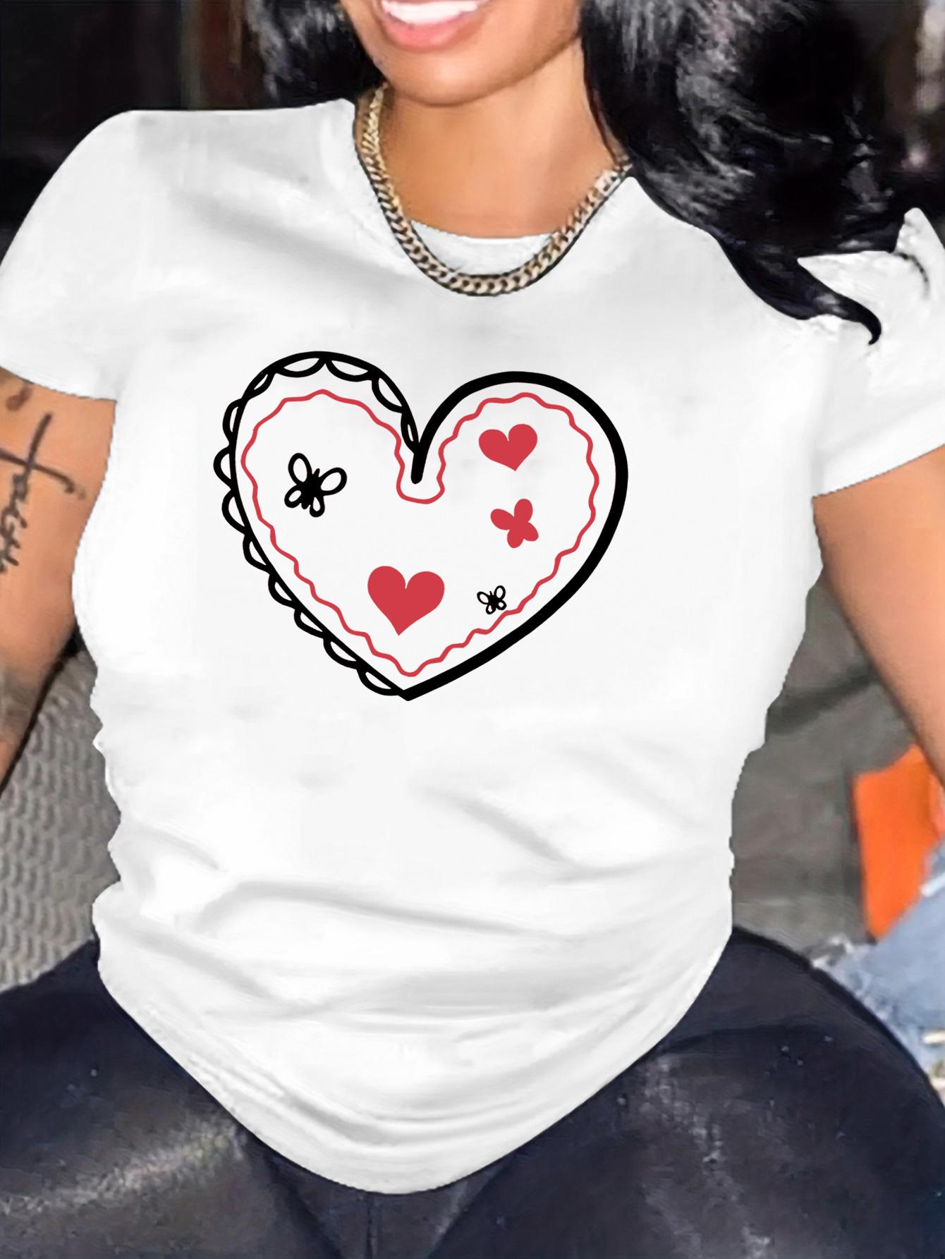 Heart and Butterfly Printed Summer Womens Top Round Neck Short Sleeved Casual Fashion Summer Womens Soft Comfortable Clothing S