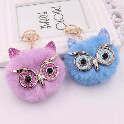 Cute Owl Keychain Artificial Rabbit Hairy Pom-Pom Key Ring Women Bag Pendant