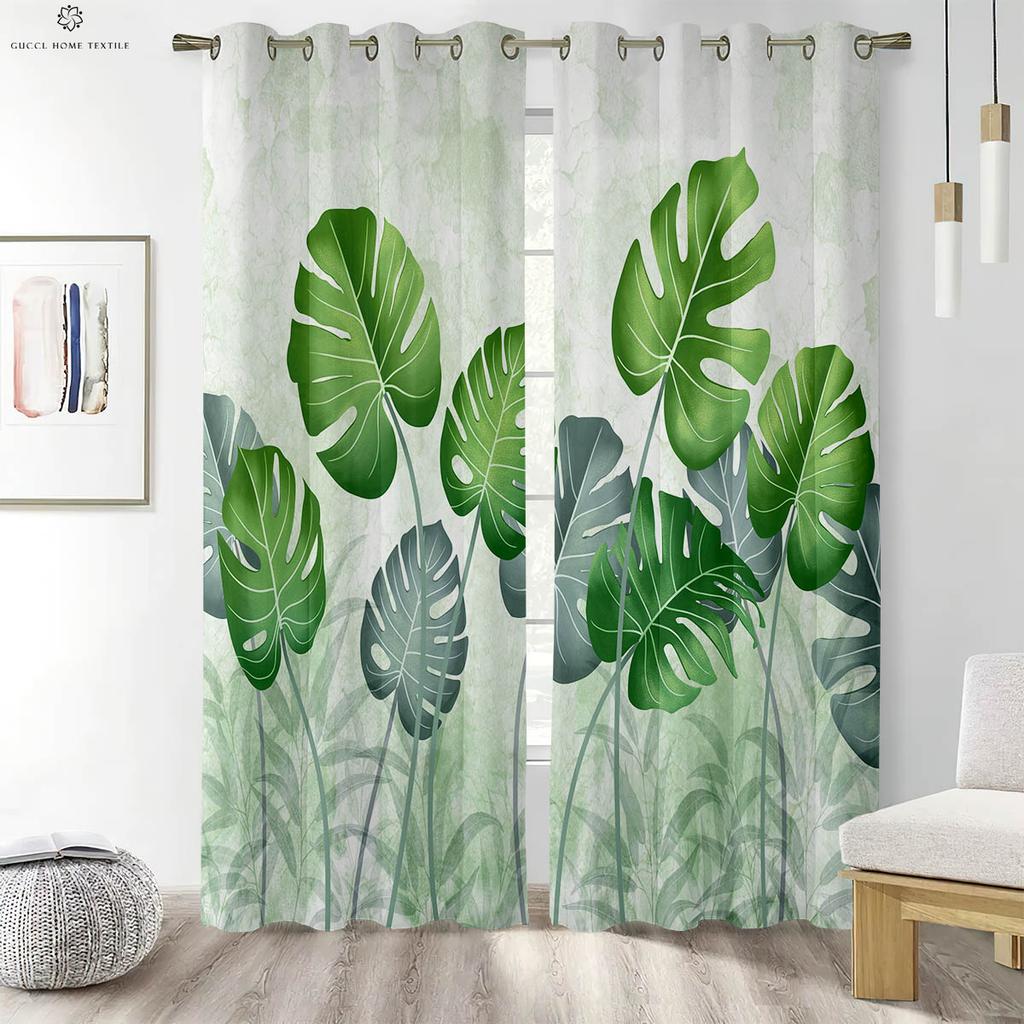 3D Printed Tropical Rainforest Leaves Curtains, Decorative Curtains, Bedroom, Living Room, Kitchen, Study, Green
