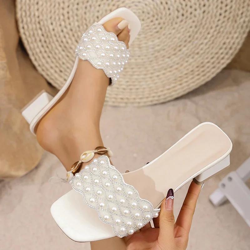 Fashion Pearl Decor Low Heels Slippers for Women 2025 Summer Square Toe Thick Heel Sandals Woman Plus Size Fashion Party Dress Sandals