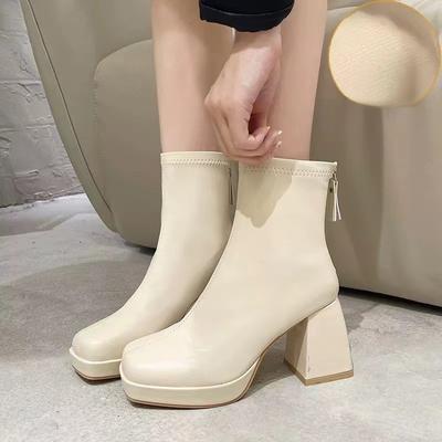 High Heels Short Boots Women Fashion Shoes Autumn Winter Chunky Heels Waterproof Square Toe Plus Size Ankle Boots