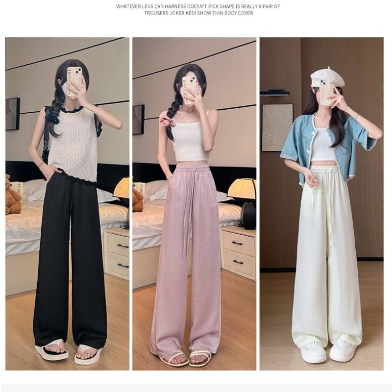 New Chinese Wide-leg Pants for Women In Summer New High-waisted Slimming Casual Acetic Acid Floor-mopping Ice Silk Chinese Style