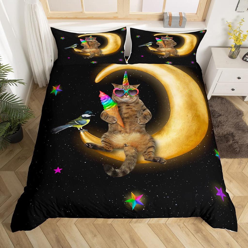 St. Patrick's Day Duvet Cover Cute Cats Rainbow Bedding Set Retro Lucky Clover Polyester Quilt Cover Cute Animal Comforter Cover