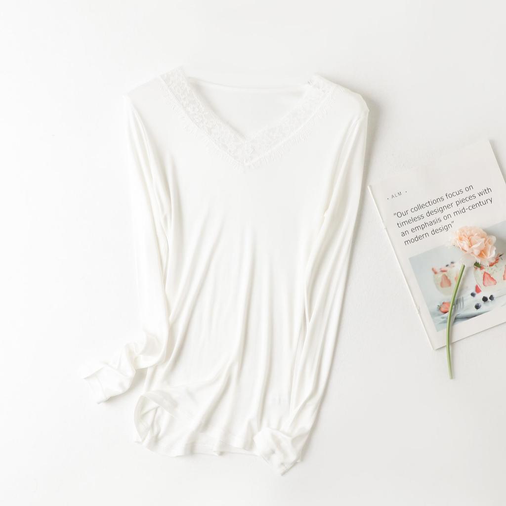 Yu Yue Women's V-Neck Silk Knit Long Sleeve Lace Trim Slim Fit Base Layer Top
