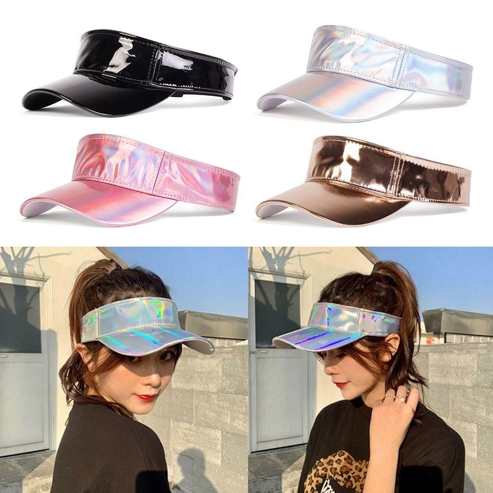 Hip-hop Style Summer Laser Sun Visor Hat Faux Leather Sunscreen Empty Top Hats Plain Bling Adjustable Duck Tongue Cap