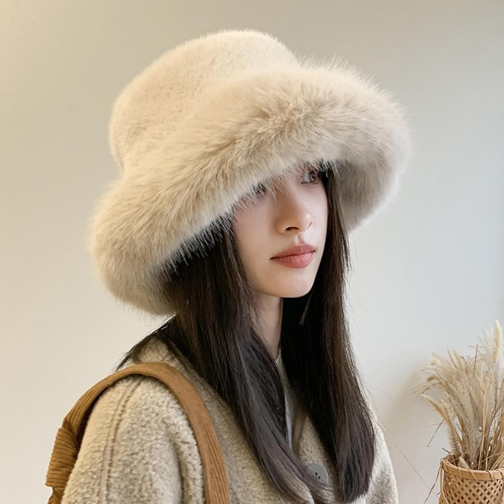 Fashion Big Faux Fur Fluffy Bucket Hat for Women Luxury Plush Winter Hat Thicken Snow Oversized Fur Bucket Hat Soft Panama Cap