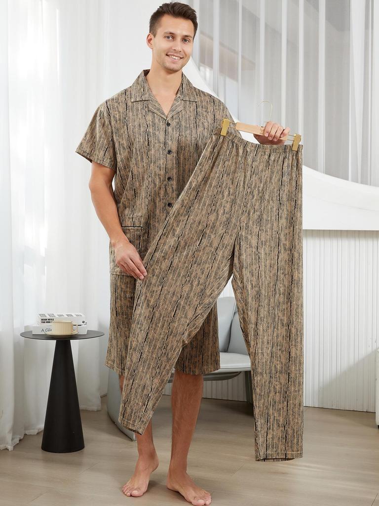 Men's Summer Cotton Pajamas 3-Piece Set: Short Sleeve Top, Long Pants, Casual Thin Shorts Home Wear