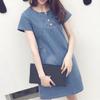 Vestido Casual Jeans Elegante Feminino de Verão com Gola O e Manga Curta Costurado para Uso Diário