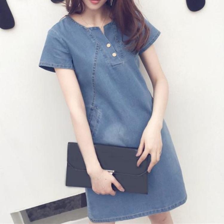 Vestido Casual Jeans Elegante Feminino de Verão com Gola O e Manga Curta Costurado para Uso Diário