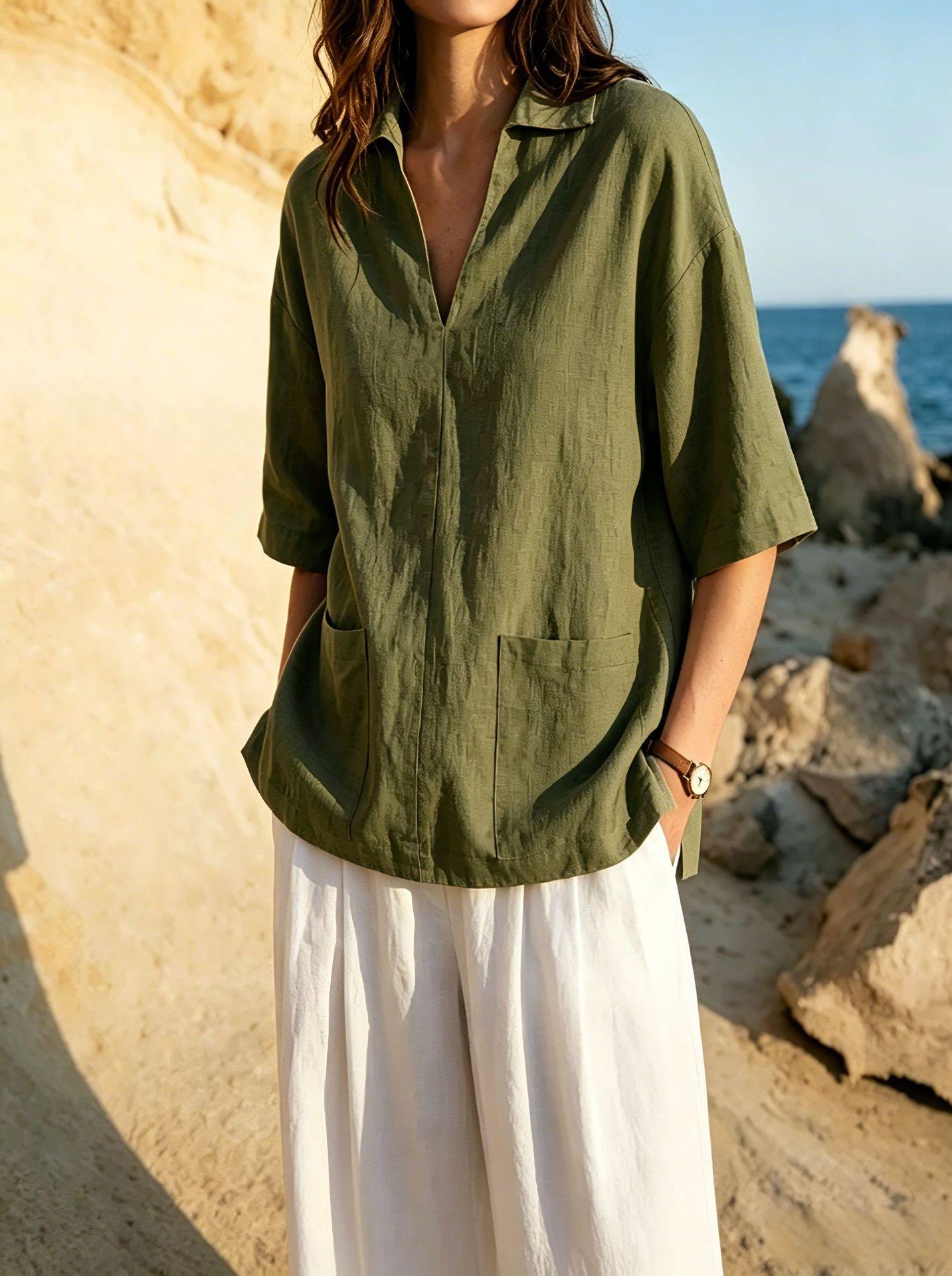 Women S Cotton Linen Blend Mid Sleeve V Neck Casual T Shirt S