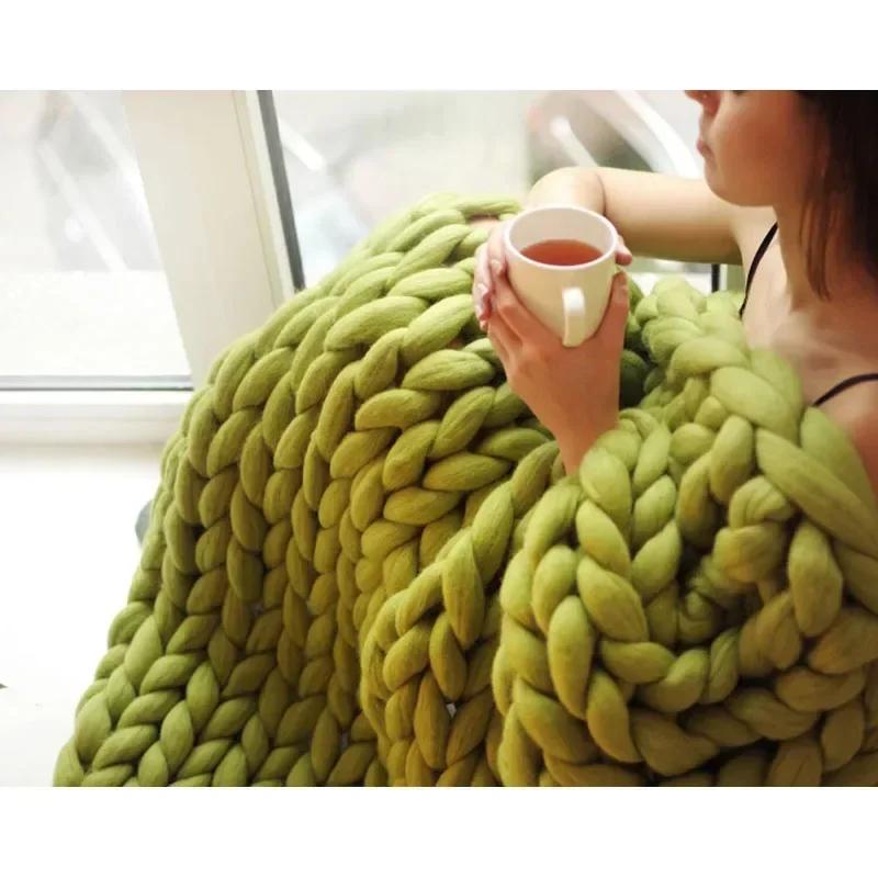 Chunky Merino Wool Blanket Thick Large Yarn Roving Knitted Blanket Winter Warm Plaid Throw Blankets Sofa Bed Blanket