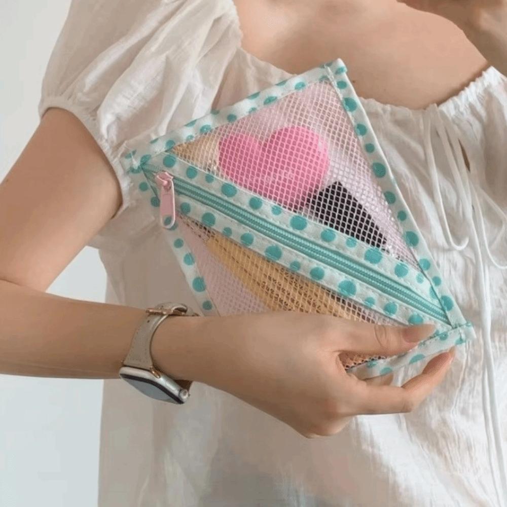 Wide Opening Dot Grid Storage Bag Korean Style Mesh Makeup Bag Small Item Storage