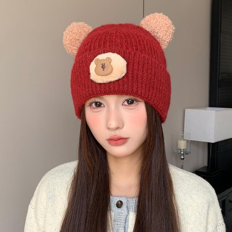 Cute Cartoon Bear Wool Hat Female Season Student Cold Hat Big Head Circumference Warm Ear Protector Knitted Hat