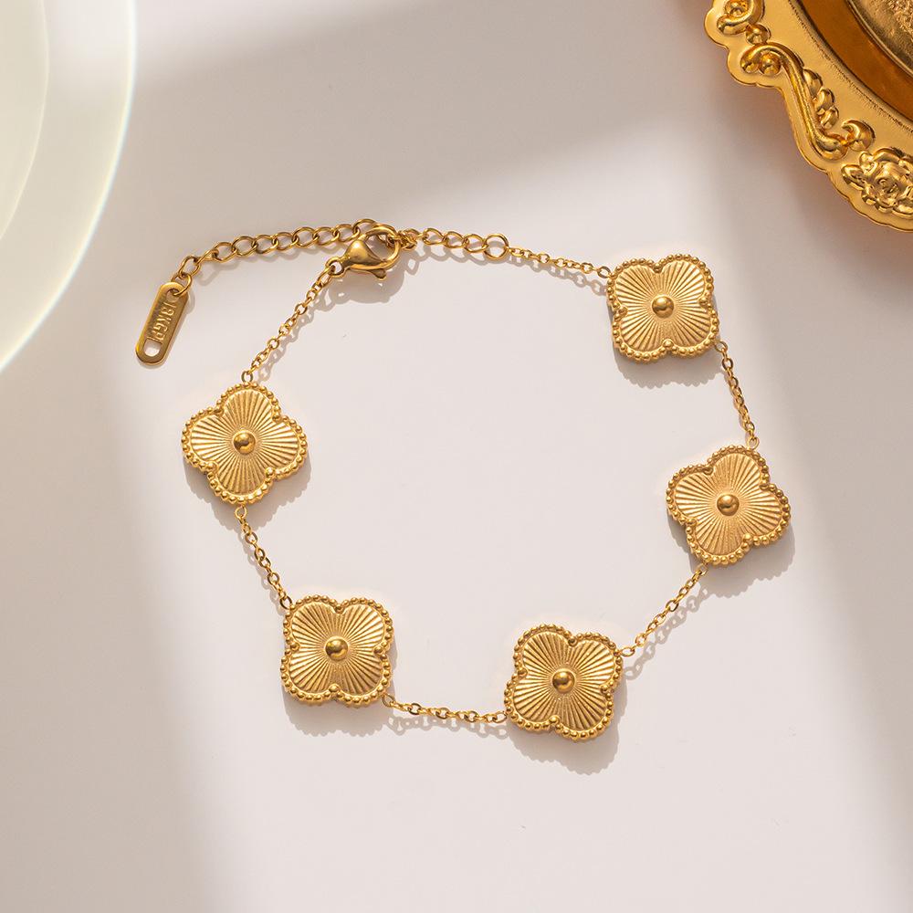 Engraved Titanium Steel Minimalist Lucky Flower Bracelet for Women