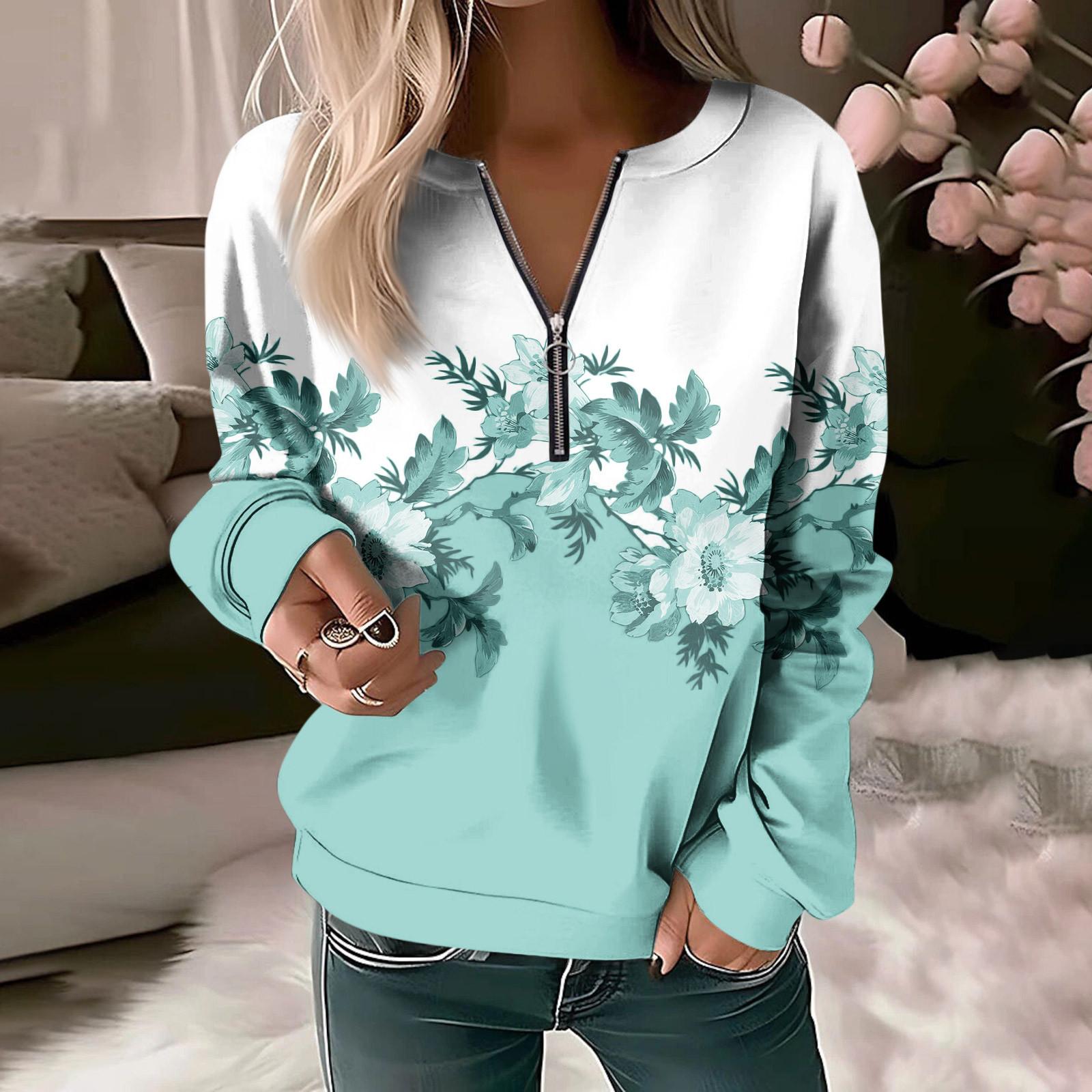 

Women s Sweatshirt Pullover Basic O-Neck Zipper Yellow Red Blue Floral Long Sleeve Tops Street Casual Sweatshirt Autumn Winter XL