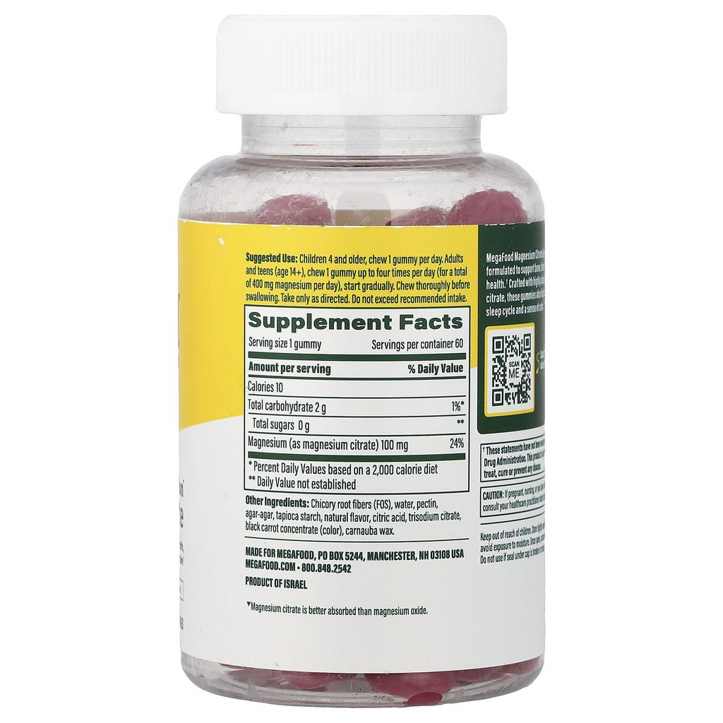 MegaFood Magnesium Citrate Gummy Jelly, Raspberry, 60 Gummy Jellys (100mg Per Gummy)