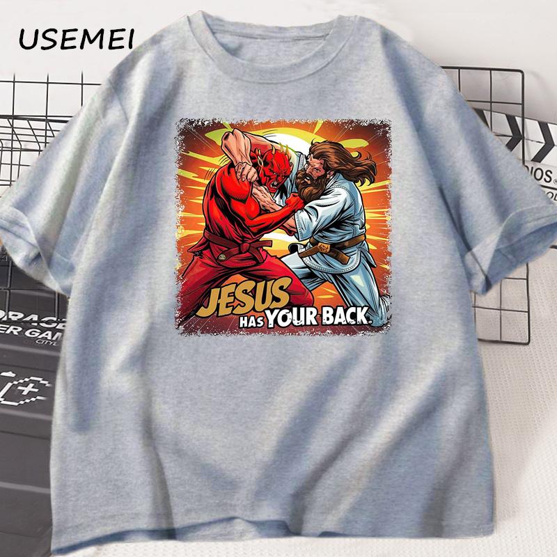 Ježíš ti kryje záda Jiu Jitsu Retro Křesťanské Tričko Pánské Bavlněné Tričko s Krátkým Rukávem Streetwear Unisex Oblečení Grafická Trička