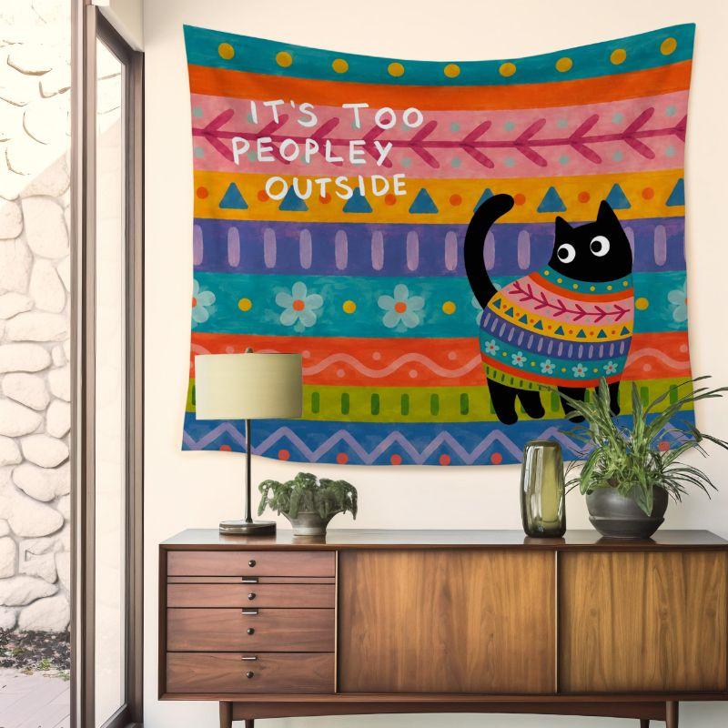 Cute Cartoon Black Cat Tapestry, Bohemian Geometric Wall Hanging, Colorful Cat Wall Decor for Bedroom Dorm