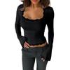 Women's Fashionable Lace,trimmed Square Neck Long,sleeved Slim,fit Versatile Top