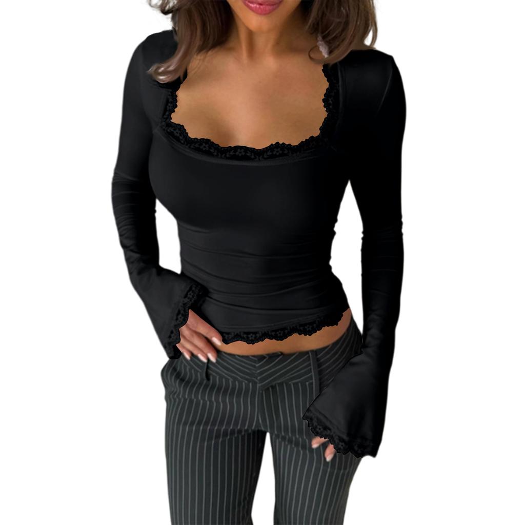 Women's Fashionable Lace,trimmed Square Neck Long,sleeved Slim,fit Versatile Top
