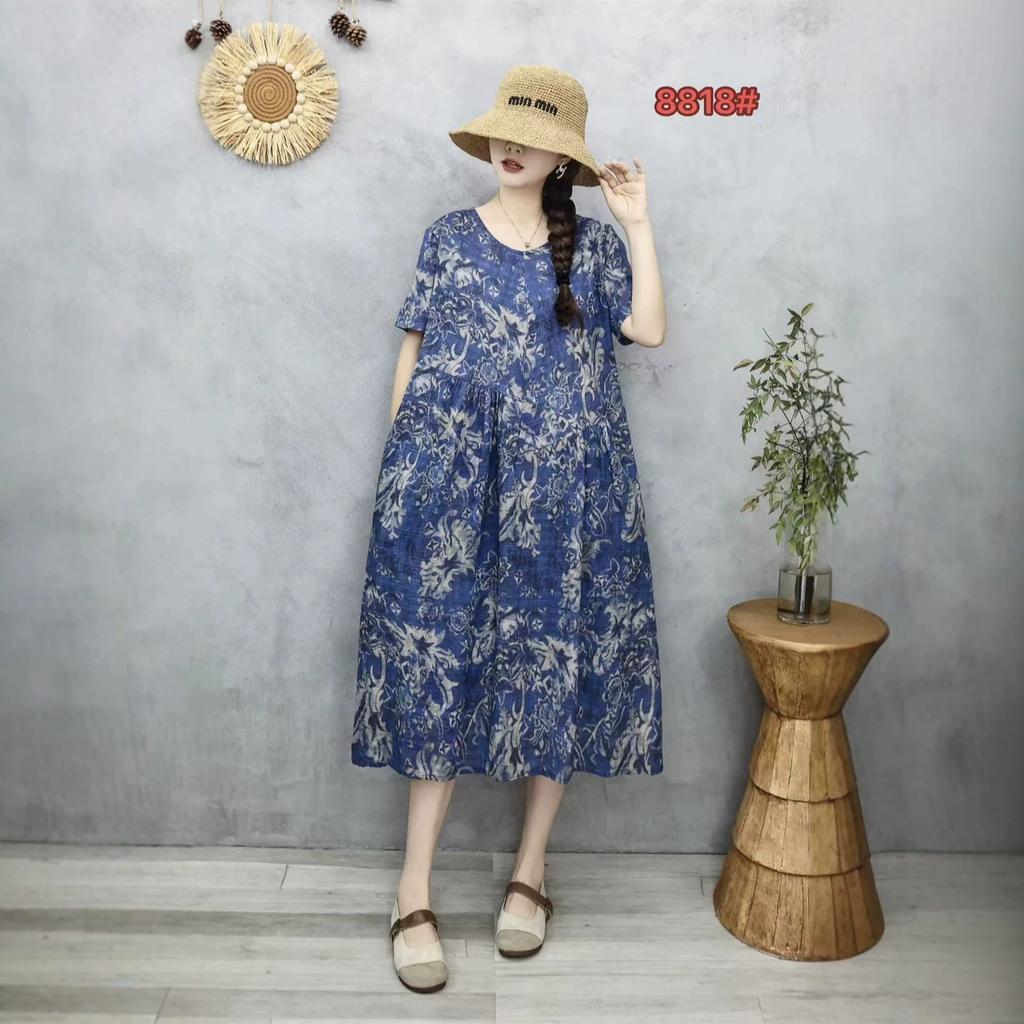 New Mori Female Pastoral Summer New Literary Large Size Fat MM Fattened Plus Printed Short-sleeved Dress