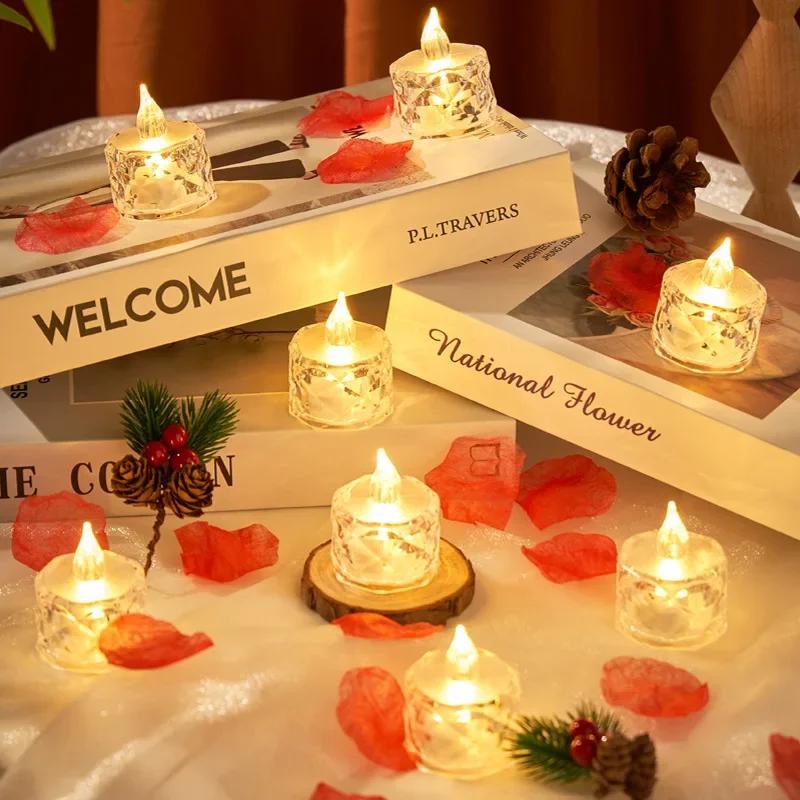 Christmas Flameless LED Light Candle Crystal Candle Transparent Shell Electronic Night Lamp Dating Party Holiday Home Decor