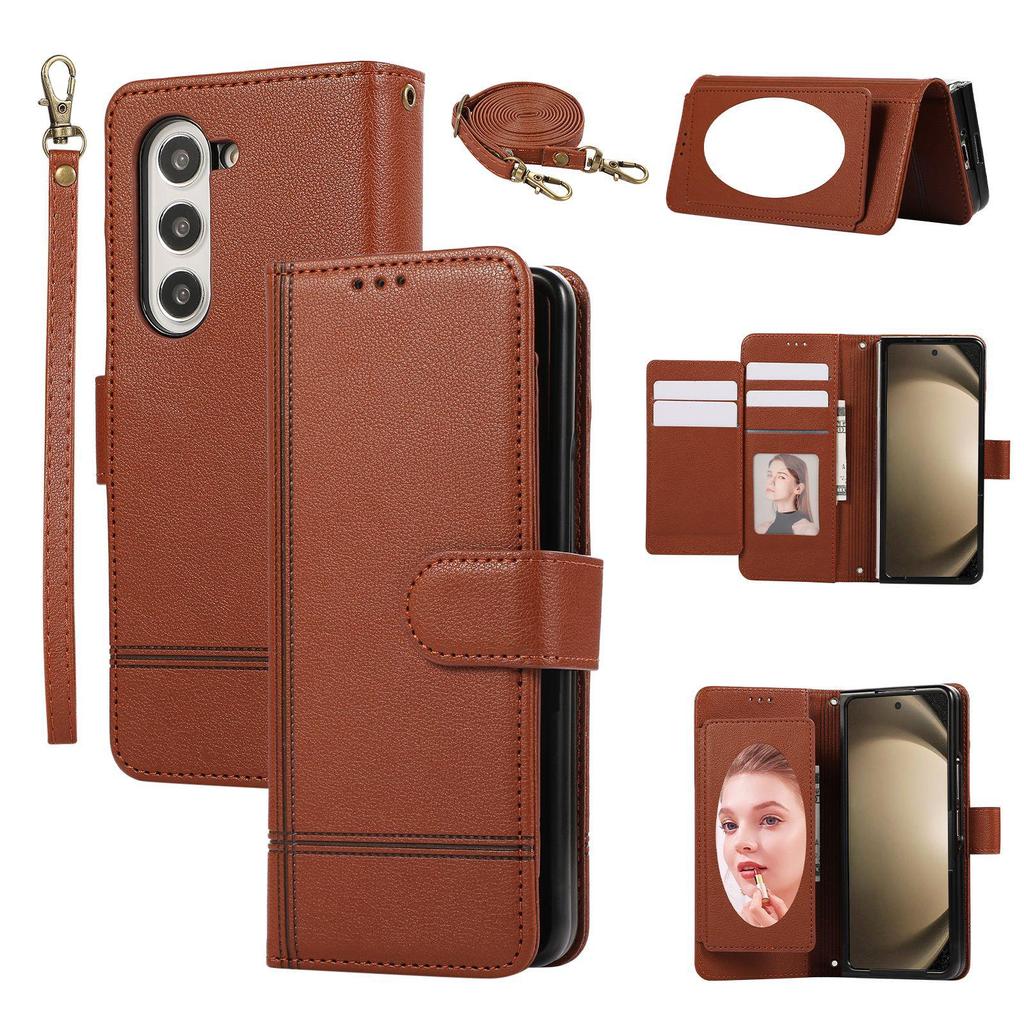 Samsung Z Fold 6/7 Mirror Flip Crossbody Leather Phone Case with Card Holder