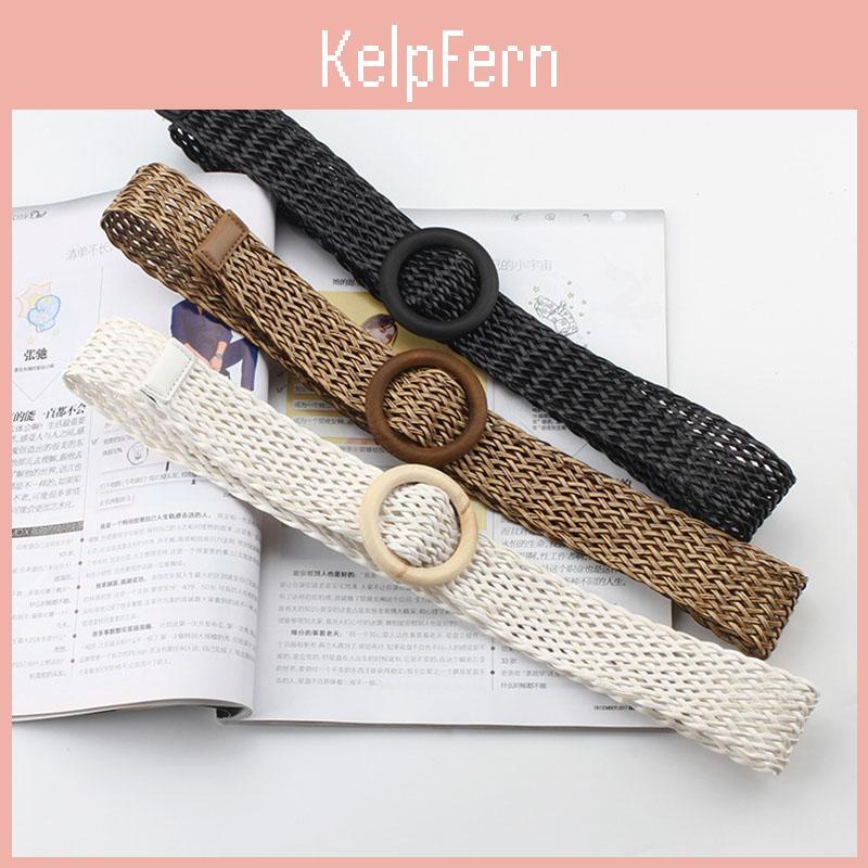 Women Wide Braided Belt Summer Woven Straw Belt With Round Wooden Buckle Waist Belt