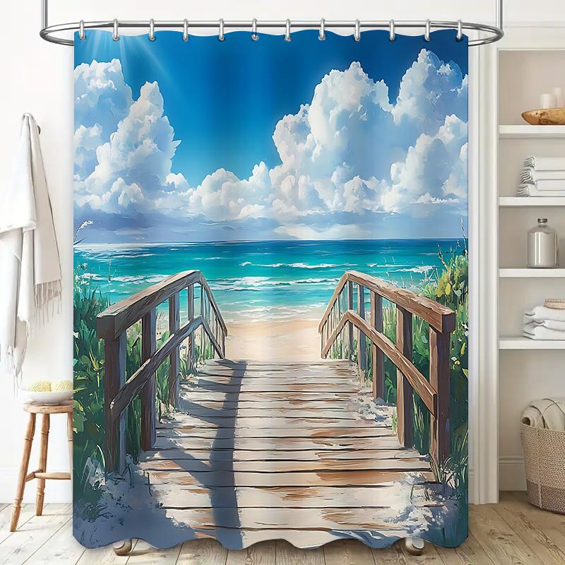 Dunika Chen Blue/White Beach Themed Shower Curtain Wood Walkway Ocean View Sky Clouds Bath Decor Complimentary Hook Waterproof Durable
