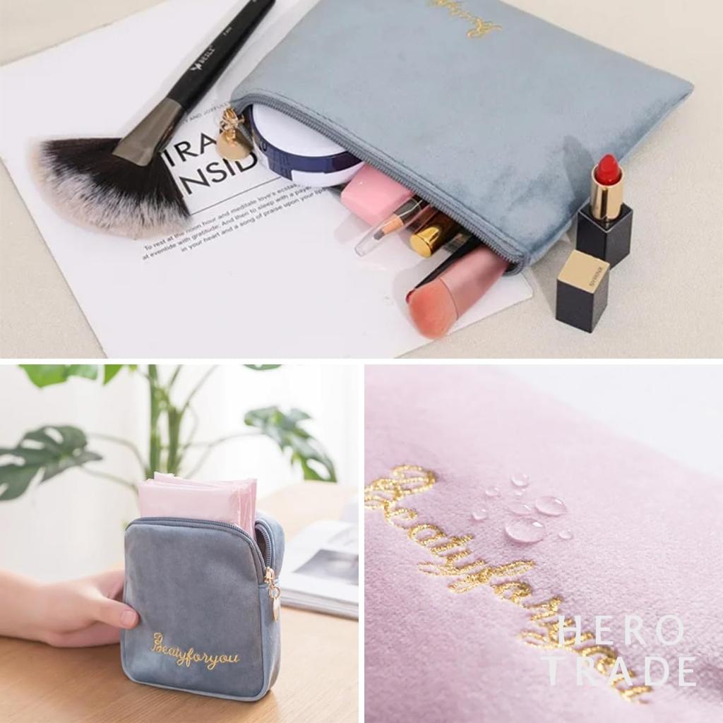 Hiro World Trade Velour Makeup Pouch Cute for Cosmetic Pouch 4-Piece Set, Women, (Blue)