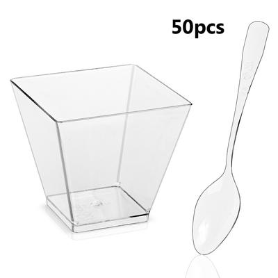 50pcs Clear Plastic Dessert Cups with Spoons for Tasting Pudding Yogurt Jello Shots Ice Cream and Snacks