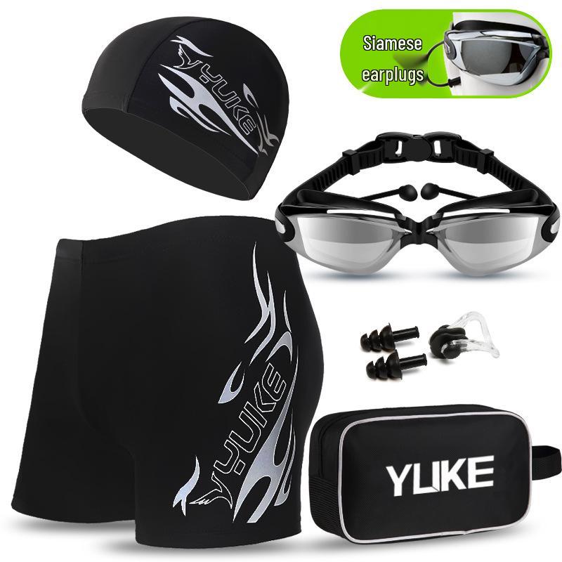 Men's Plus Size Swim Trunks with Flat Leg and Swim Gear Set (Includes Goggles and Cap)