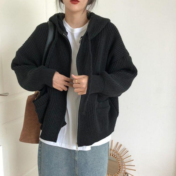 Solid Color Womens Loose Knitted Hooded Cardigan Sweater Coat Top