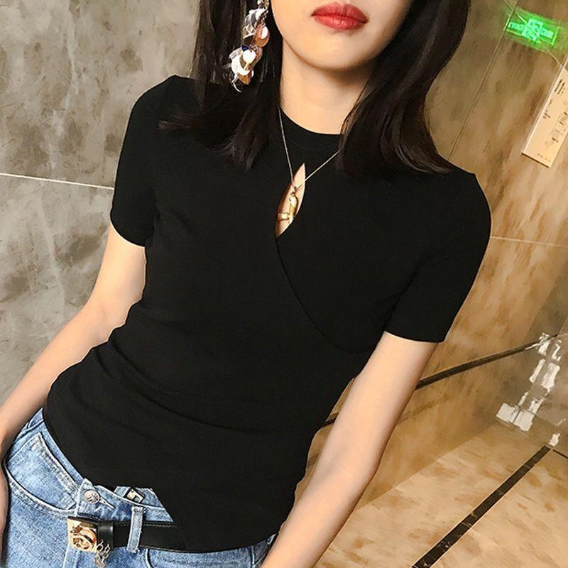 2025 Spring and Summer New White Short-sleeved Round Neck T-shirt for Women Ins Sexy Irregular Hollow Slim Fit Top Trendy