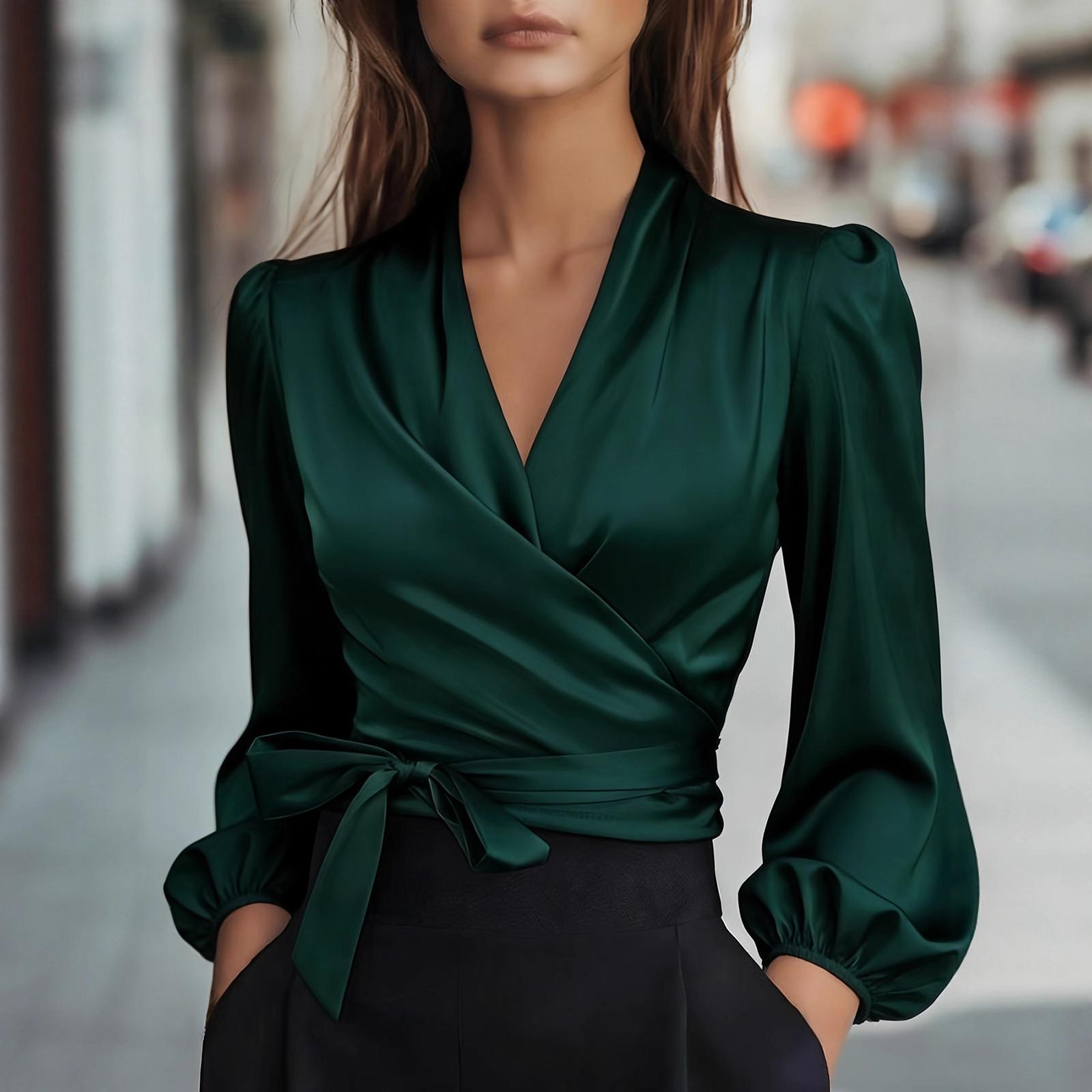 

Women s Fashion Color V-neck Temperament Strap Waist Shirt Top XXL зелёный