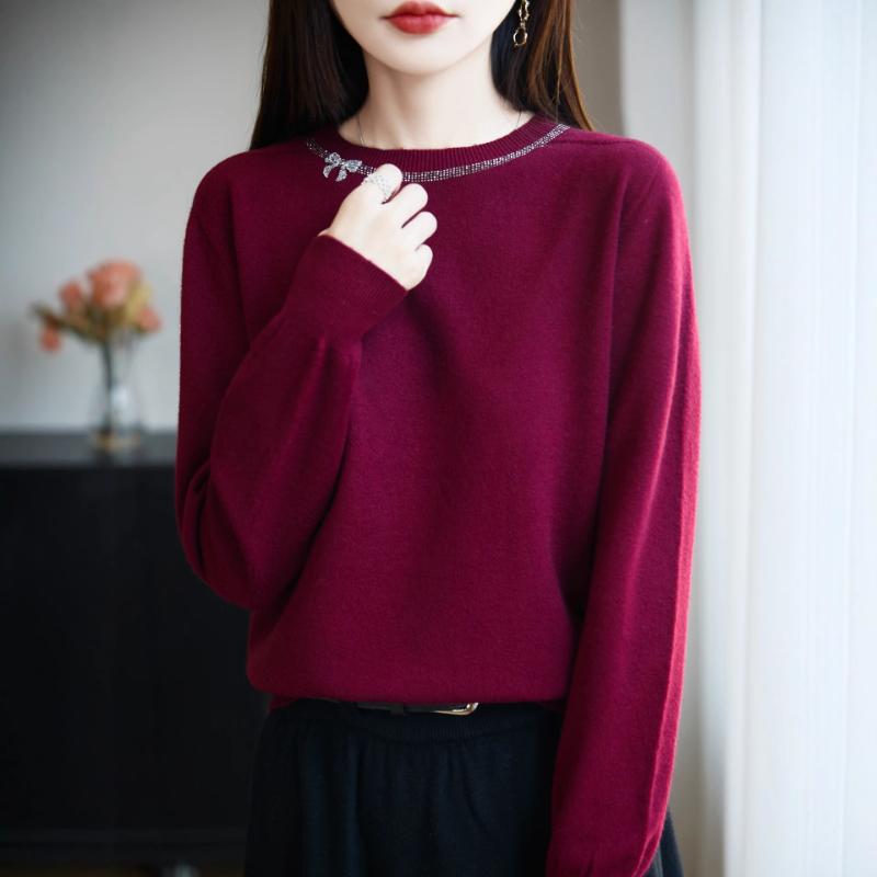 Pulover de damă toamnă-iarnă nou, argyle din catifea, cu gât rotund, mâneci lungi, fundă cu strasuri, tricot lejer, strat de bază