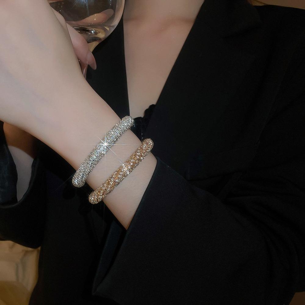 Gold Cuff Bracelet Round Open Bangle Luxury Rhinestone Bangle  Ladies