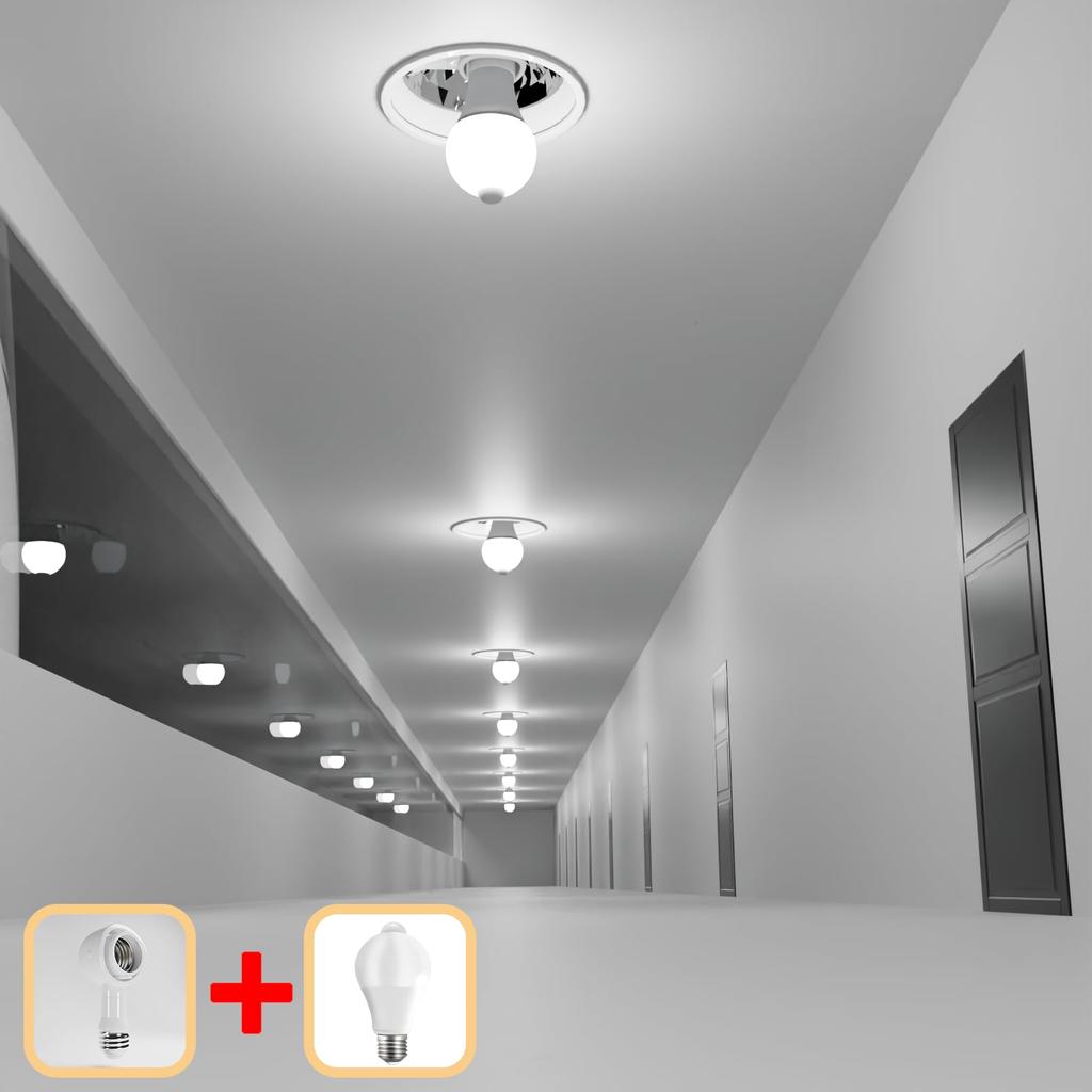 Pispoer E26 Human Body Sensing and Light Sensing LED Bulb, Automatic OnOff, 3000K, 750lm, 8W (Equivalent To 80W Halogen Bulb) + E26 Angle Adjustable