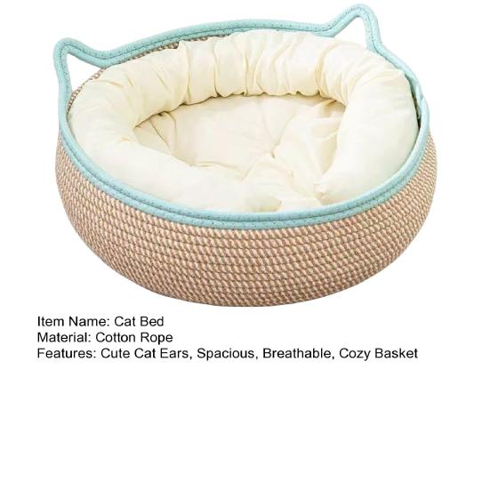 Cat Basket Bed with Cushion Cotton Rope Handwoven Pet Bed Breathable Cat Ear Pet Bed for Indoor
