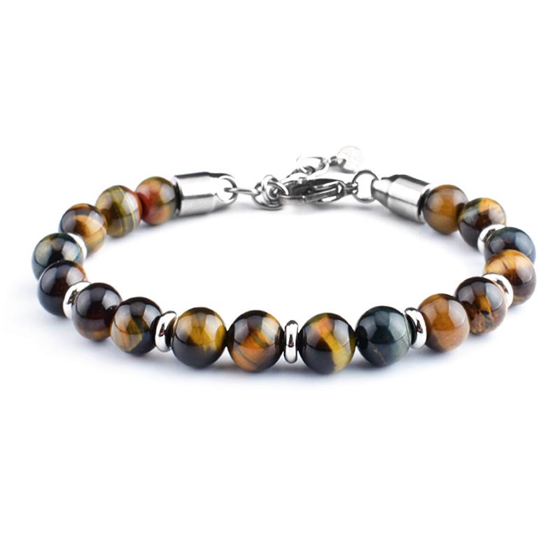 Stainless Steel Men's Adjustable 8mm Tiger Eye Bead Bracelet