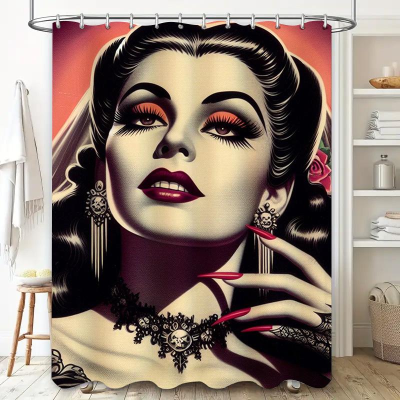 Vintage Retro Style Art Shower Curtain Perfect for Bathroom Decoration with Elegant Woman Design In Red Black Colors